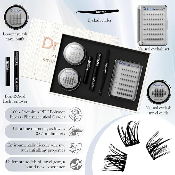 Luxury Lash Clusters Kit - Wispy & Fluffy Cluster Eyelash Extensions 8-16mm, 150H Wear | Korean Hypoallergenic PBT Fibers, Waterproof Glue & Seal | Gift Ready Premium Box (Natural-sliver box)