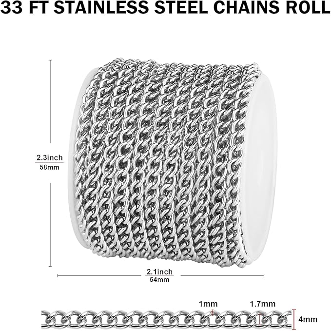 [33 FT] Stainless Steel Curb Chains Bulk for Jewelry Making, 4mm 304 Stainless Steel Flat Twisted Links Curb Chains Roll Spool for Jewelry Making DIY Craft