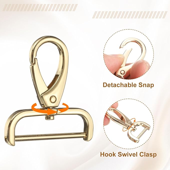 HARFINGTON 2Pcs Detachable Snap Hook Swivel Clasp 1 1/2" D Ring with Swivel Lobster Claw Clasps Hook for Purse Strap Keychain Bag DIY Craft, Gold
