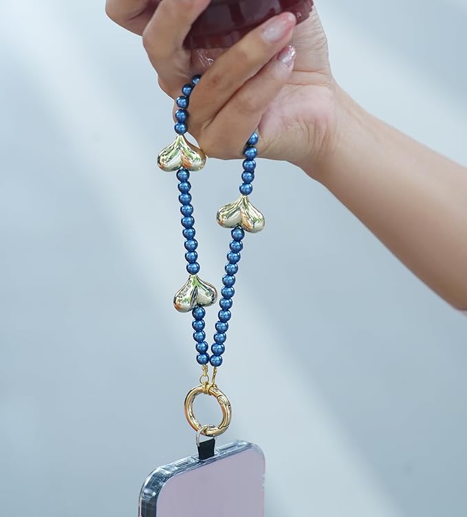 Beaded Phone Wrist Strap for Women Pearl Wristlet Strap Cute Phone Lanyard Golden Heart Shaped Bead Cellphone Chain (Blue)