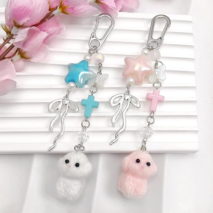 Cute Pink Keychain,Fuzzy Cat Keychain Aesthetic Y2K KeychainStylish KeychainsAccessories