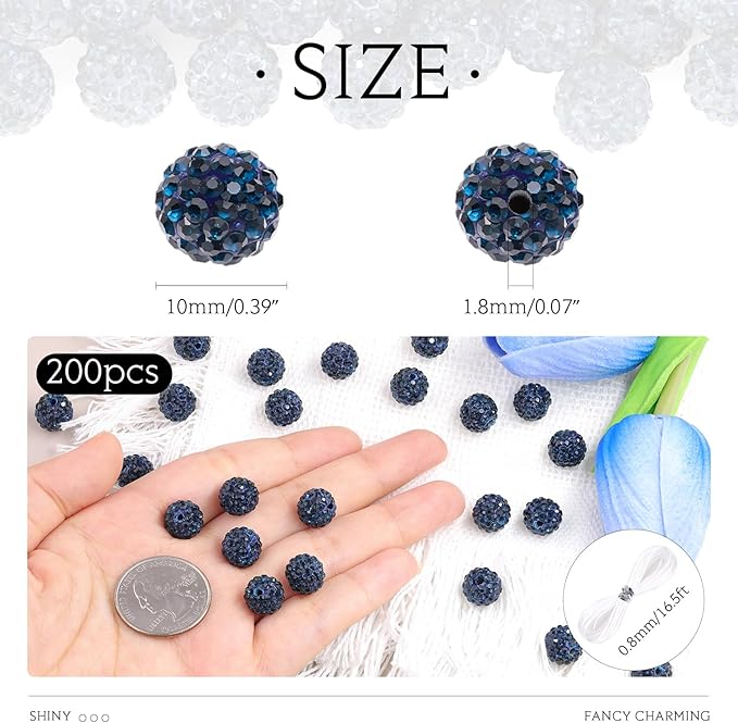 200 Pcs Blue Black Rhinestone Beads for Jewelry Making, Sparkle Crystal Clay Christmas for Bracelet Baseball Necklace Earring Crafting and DIY, Shiny Round Shamballa Disco Ball Beads Bulk