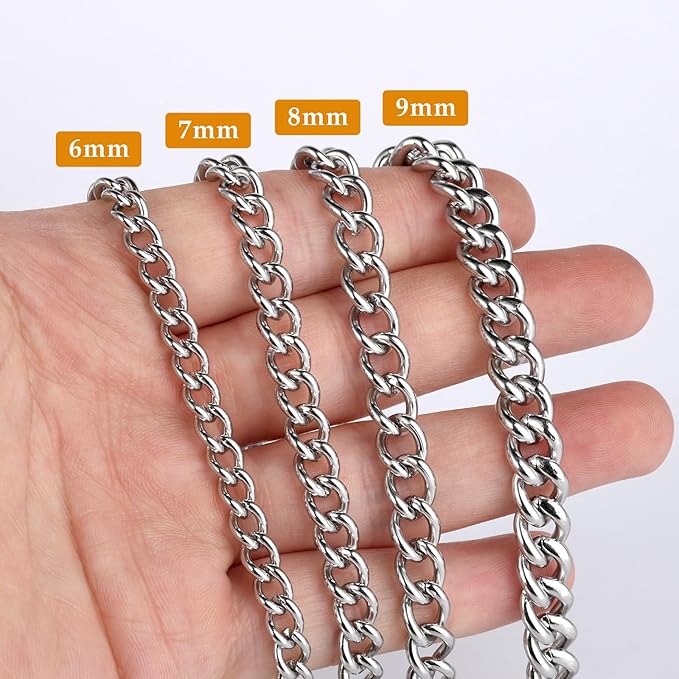 16.5 FT Stainless Steel Curb Chain Roll, 7mm 304 Stainless Steel Flat Twisted Links Curb Chains Bulk Spool for Jewelry Making Necklace DIY Craft