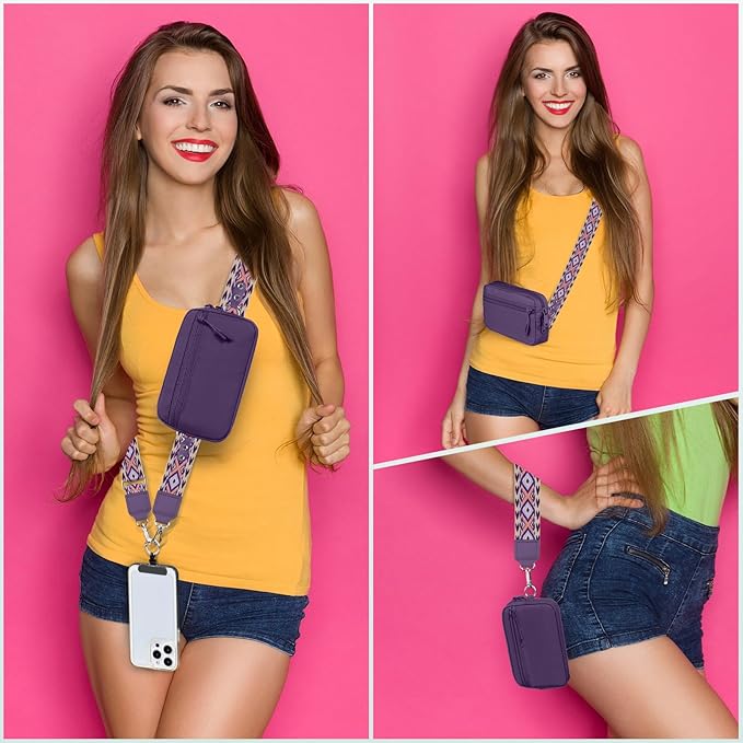 Clip and Go Strap for Phone with Wallet Crossbody, Adjustable Phone Lanyard with Detachable RFID Wristlet Wallet, Pattern Strap - Dark Purple (L)