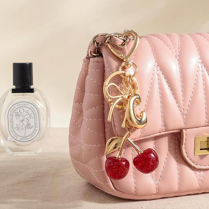 Snycler Bubble Initial Keychain with Cherry & Bow - Gold Letter Bag Charms for Women, Cute Purse Handbag Accessories
