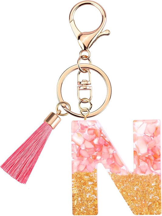 Suweibuke Cute Pink Key Chains for Women Girls, Initial Letter Keychains with Tassel, Charms for Key Purse Handbags Backpacks