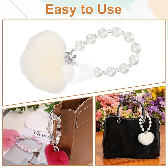 uxcell Heart Plush Keychain, Beaded Rabbit Hair Fur Pom Bag Charm Cute for Car Keyring, Bag Decorations, Handbag Buckle