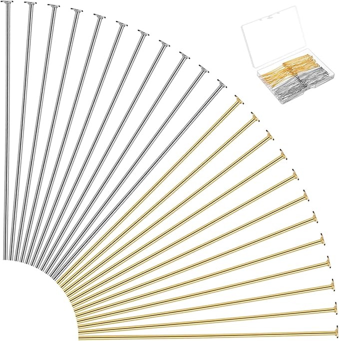 200 PCS Flat Head Pins, Stainless Steel Eye Pins 2 Inch Jewelry Making Pinflat Headpins Jewelrys Findings Eye Pin for DIY Craft Earring Bracelet Necklace Pendant(Silver Gold