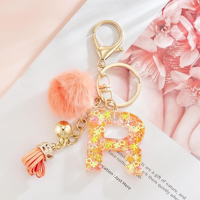 Resin Alphabet Initial Letter Keychain Keyring for Women Purse Handbags With Fur Ball Pom