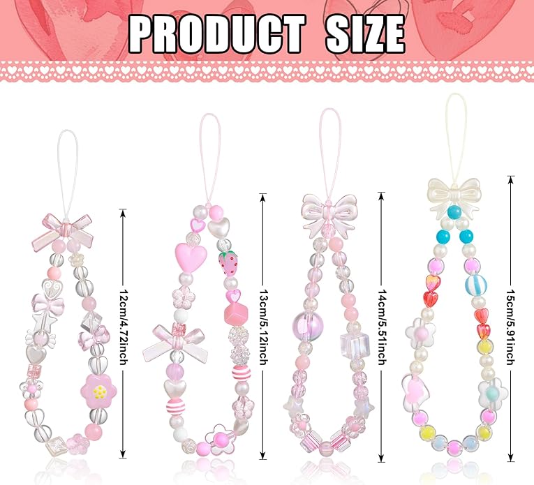 Draupnir 4pcs Phone Charms Strap, Butterfly Bow Camera Strap Wrist Beaded Phone Bracelet Wrist Straps, Pearl Bracelet Lanyard Keychain Charm for Women