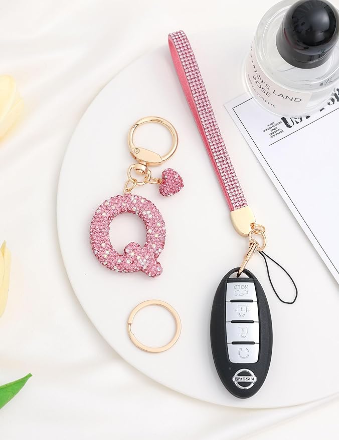 Initial Keychain for Women Girls,Bling Letter Key chain Initial with Heart,Pink Keychain Charms for Backpack Handbag