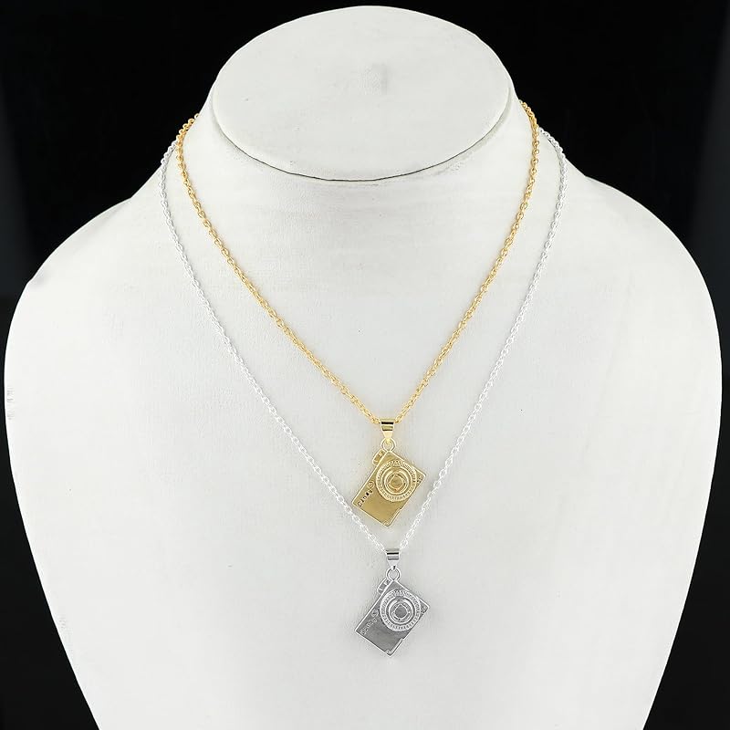 JOR Camera Charm Pendant Necklace, Photography Charm, Men and Women Unisex Jewelry, Dainty Gold & Silver Plated Combo Chain 18 inch (Pack of 2)