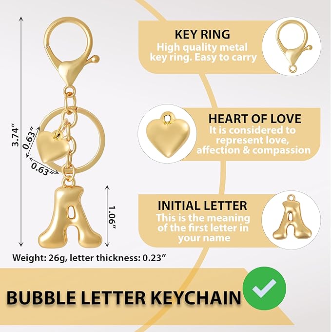 Heart Bubble Letter Keychain for Women, Girls - Cute Keychain with Initial - Alphabet Keychain for Bag Charm, Handbag