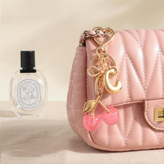 Snycler Bubble Initial Keychain with Cherry & Bow - Gold Letter Bag Charms for Women, Cute Purse Handbag Accessories