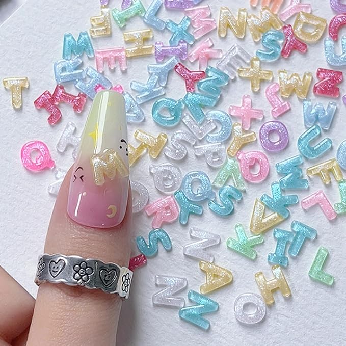 300 Pcs Letter Nail Art Charms, CYHYII 3D Mixed Candy Colorful Letter Resin Nail Rhinestones Shiny Glitter Nail Gems DIY Manicure Nail Decoration Accessories for Women Girls