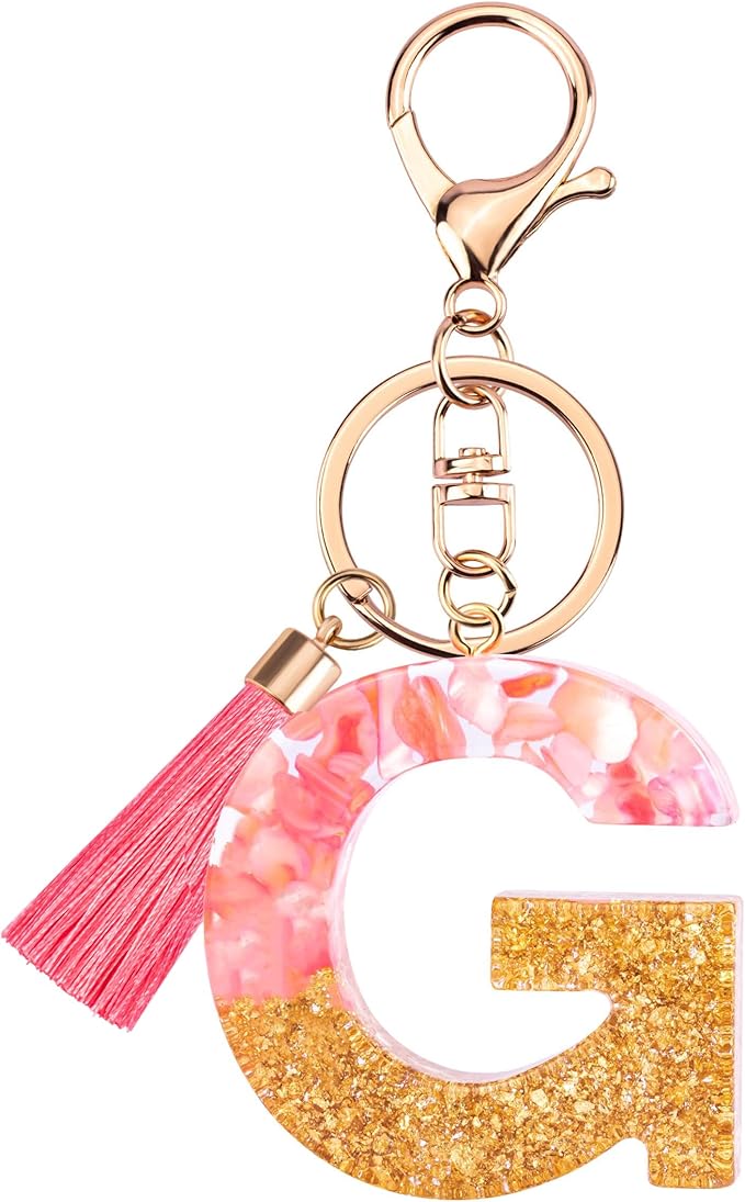 Suweibuke Cute Pink Key Chains for Women Girls, Initial Letter Keychains with Tassel, Charms for Key Purse Handbags Backpacks