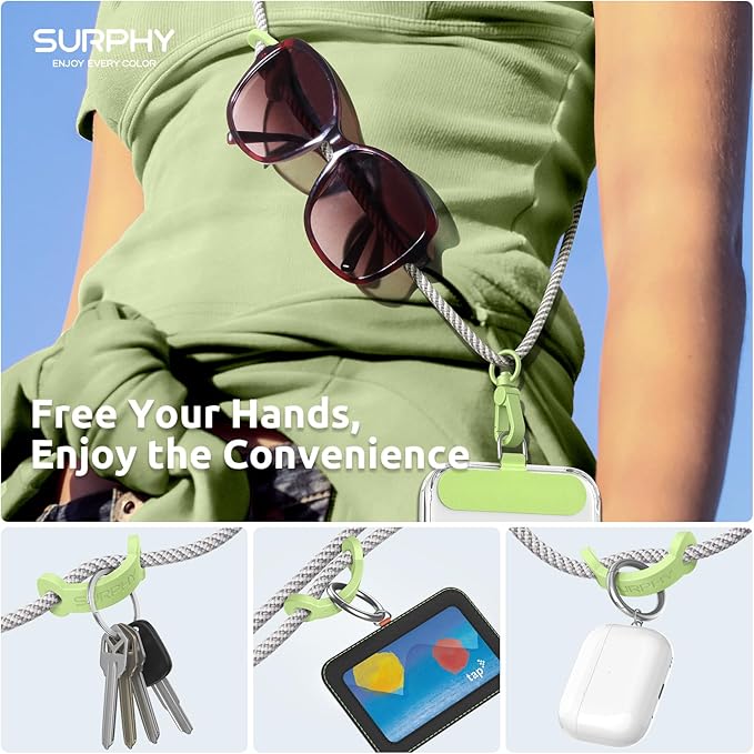 SURPHY Phone Lanyard, Adjustable Phone Strap Crossbody with 2 Pack Phone Tether Tab, Premium Metal Buckles and Two-Color Braided Cell Phone Lanyard Crossbody for Women and Men, Gray & White