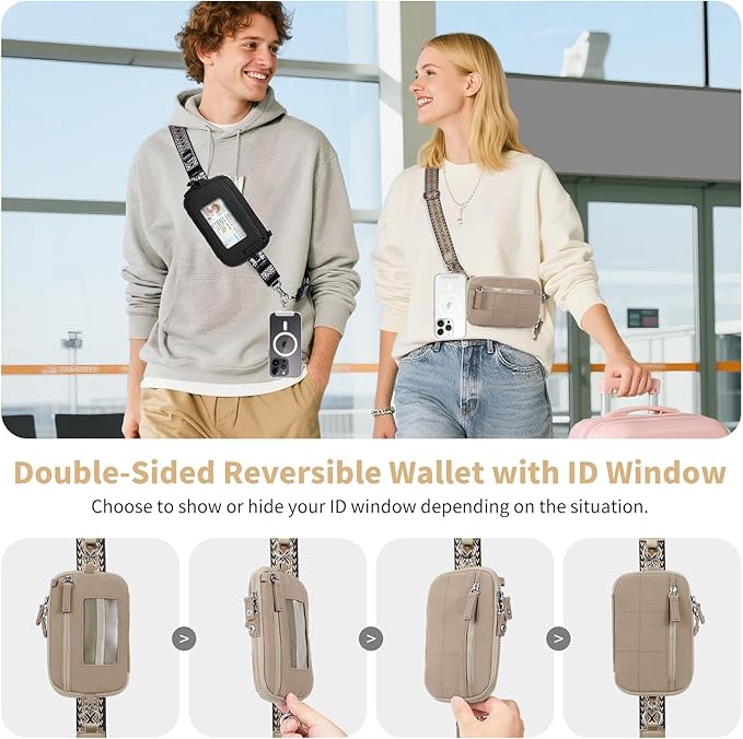 Clip and Go Strap for Phone with Wallet Crossbody Phone Lanyard with Anti-Theft Zipper Pouch Detachable Quilted Wrist Wallet with RFID and ID Window for Daily and Travel Khaki Large