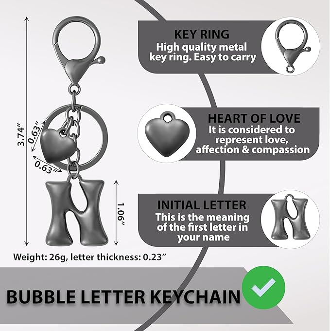 Heart Bubble Letter Keychain for Women, Girls - Cute Keychain with Initial - Alphabet Keychain for Bag Charm, Handbag