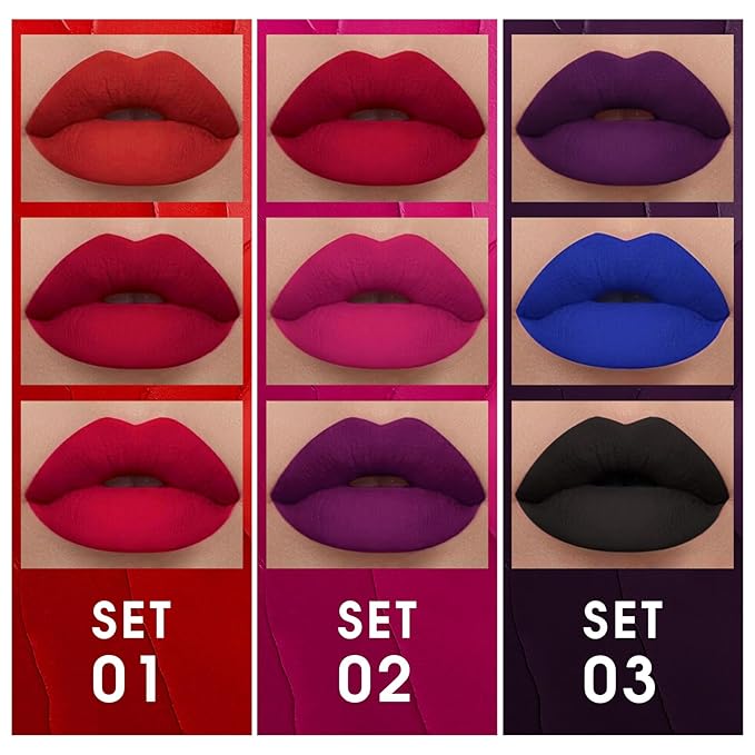 BADCOLOR 3 Colors Matte Liquid Lipstick Set, Purple Burgundy Rose Red Halloween Makeup, High Impact Long Lasting Lip Stain Velvet Nonstick Cup Smudge Proof & Waterproof Lip Gloss Set