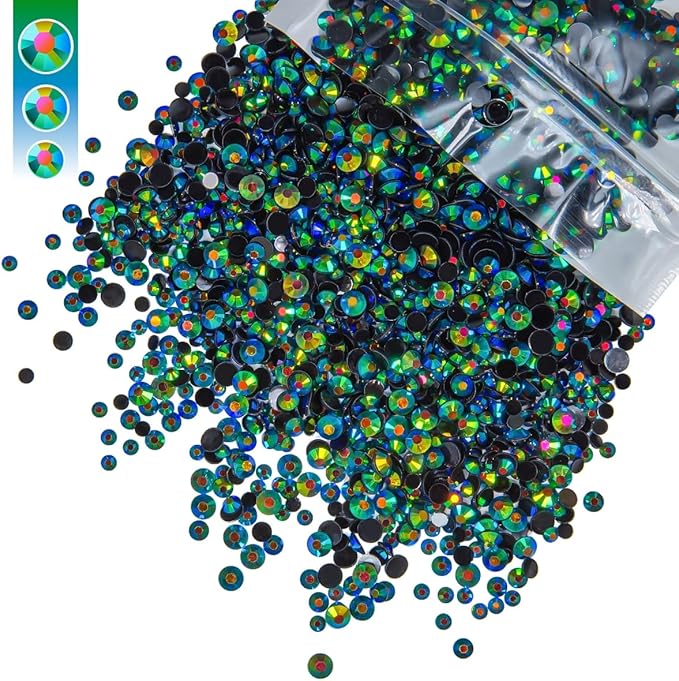 Peacok Green AB Resin Rhinestones for Crafting 3mm 4mm 5mm Mix Flatback Jelly Stones Bulk SS10 SS16 SS20 Diamonds Crystals Gems for Nails Face Eyes Makeup Tumblers Bottles DIY Crafts Clothes