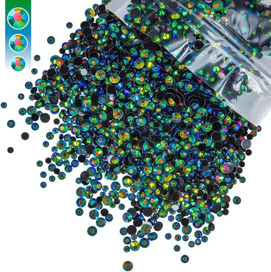 Peacok Green AB Resin Rhinestones for Crafting 3mm 4mm 5mm Mix Flatback Jelly Stones Bulk SS10 SS16 SS20 Diamonds Crystals Gems for Nails Face Eyes Makeup Tumblers Bottles DIY Crafts Clothes