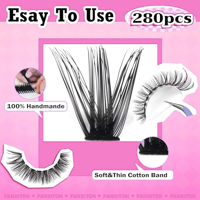 FANXITON DIY Individual Eyelash Extension Kit, Thick Volume Lash Clusters 40D+50D D Curvature, 280 Pieces Thin Band Cluster Lashes with Bond and Seal Tweezers