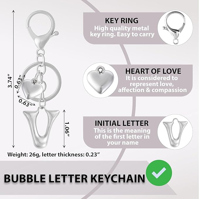 Heart Bubble Letter Keychain for Women, Girls - Cute Keychain with Initial - Alphabet Keychain for Bag Charm, Handbag