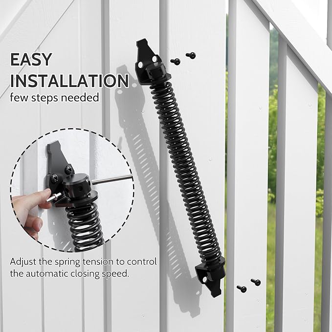 14" Gate Spring Self Closing Heavy Duty Outdoor Door Spring Automatic Gate Closer, Adjustable for Wooden and Vinyl Fence, Black
