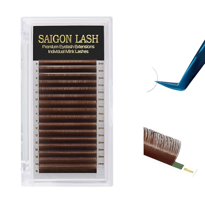 SAIGON LASH Eyelash Extensions, Mink Lash, Volume & Classic Lashes for Professionals, J/B/C/CC/D/L/M Curl, 4-15mm Length, Soft Korean PBT Fiber, 16 Rows Lash Tray (Dark brown-D-0.05-8-15mm)