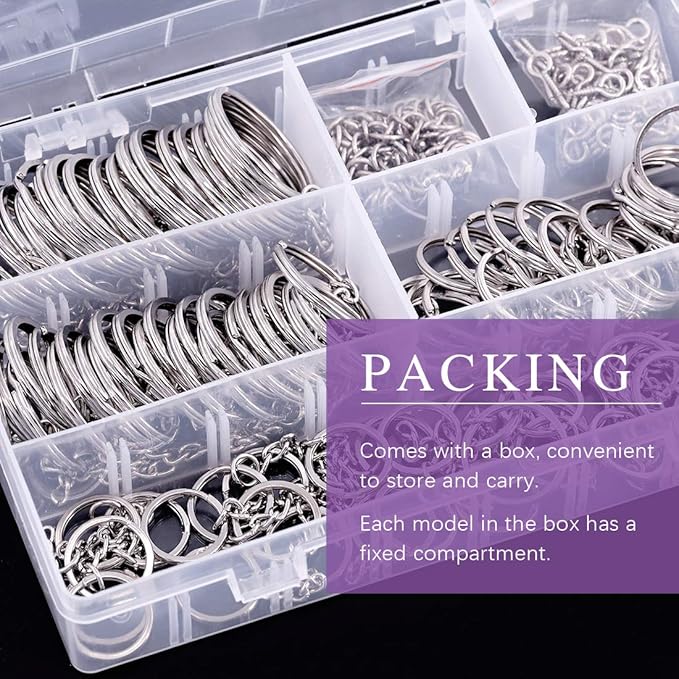 Swpeet 300Pcs Sliver Flat Key Chain Rings Kit, 100Pcs Keychain Rings with Chain and 100Pcs Jump Ring with 100Pcs Screw Eye Pins Bulk for Jewelry Findings Making - 4/5 Inch, 1 Inch, 6/5 Inch, 7/5 Inch