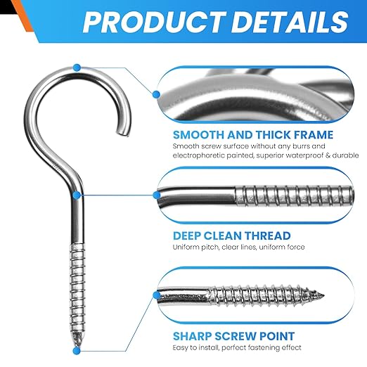 12 Pcs 304 Stainless Steel Screw Eyes Bolts, Screw-in Hooks, M5 Heavy Duty Self Tapping Screw Hooks for Indoor & Outdoor Hanging and Fixing (Open)
