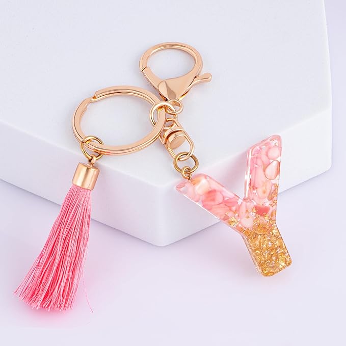 Suweibuke Cute Pink Key Chains for Women Girls, Initial Letter Keychains with Tassel, Charms for Key Purse Handbags Backpacks