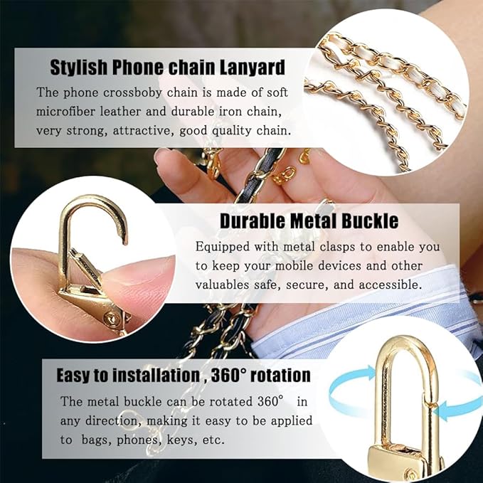 Phone Crossbody Chain Cell Phone Lanyard,Universal Leather+Metal Shouder Strap with Phone Tether Patches (B)