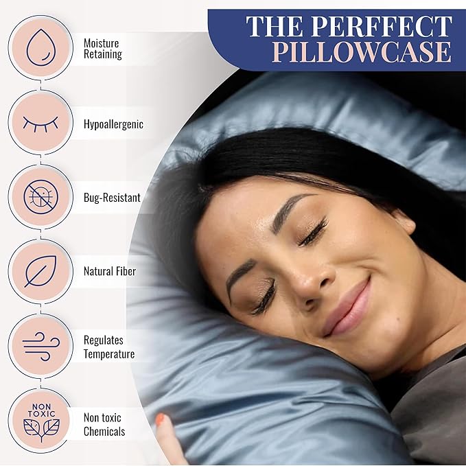 Blissy Silk Pillowcase - 100% Pure Mulberry Silk - 22 Momme 6A High-Grade Fibers - Silk Pillow Cover for Hair & Skin - Regular, Queen & King (Ash Blue, Queen)