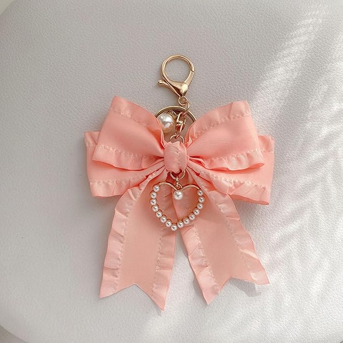 Ribbon Bowknot Bag Charms, Cute Pearl Heart Keyring Holder Purse Hanging Decorations Bag Handbag Pendant