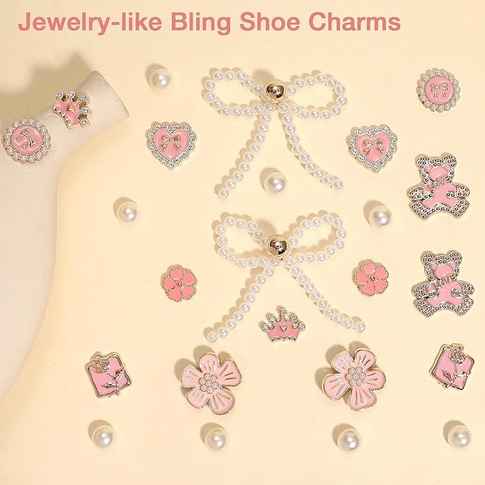 24Pcs Bling Pearl Bow Shoe Charms for Clog Sandals Women, Bear, Flower, Pearl Accessories, DIY Shoe Decoration Charms for Girls