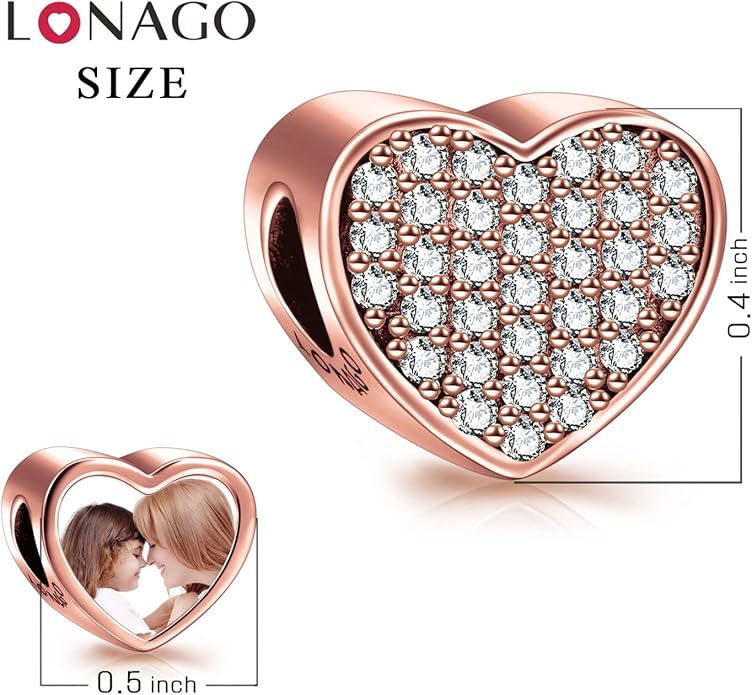 LONAGO 925 Sterling Silver Personalized Photo Charm Fit Compatible for Bracelet Necklace Customized Heart Round Shape Picture Bead