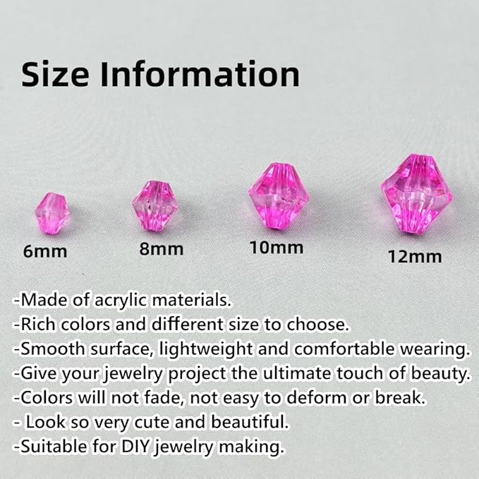 100pcs 12mm Acrylic Bicone Beads Faceted Acrylic Crystal Spacer Beads for Bracelet Necklace Earring Keychain Jewelry Making Crafts(Rose Red)