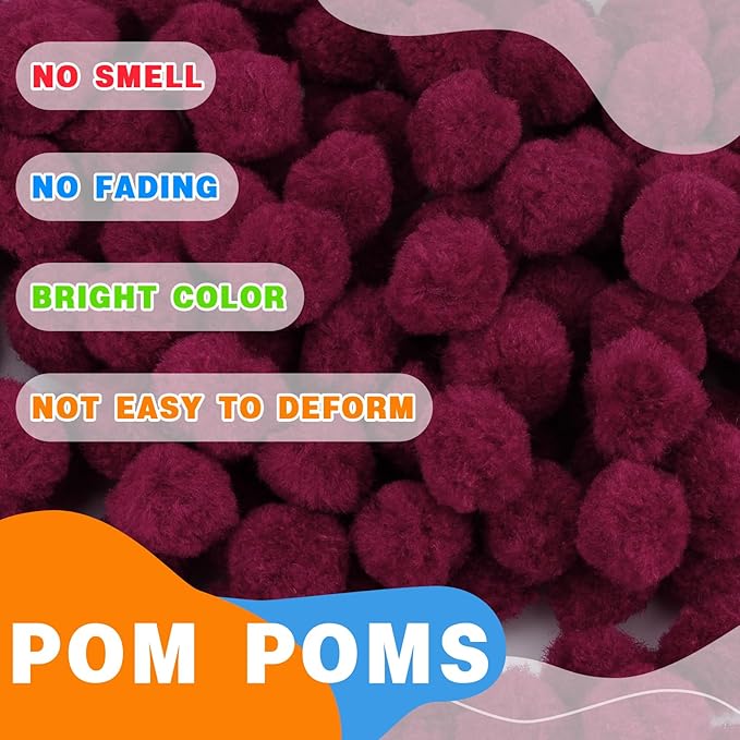 MORFEN 150 Pieces Pom Poms, 1 Inch Dark Red Craft Pom Poms, Fuzzy Pompom Puff Balls, Small Pom Pom Balls for DIY Arts, Crafts Projects, Home Decorations