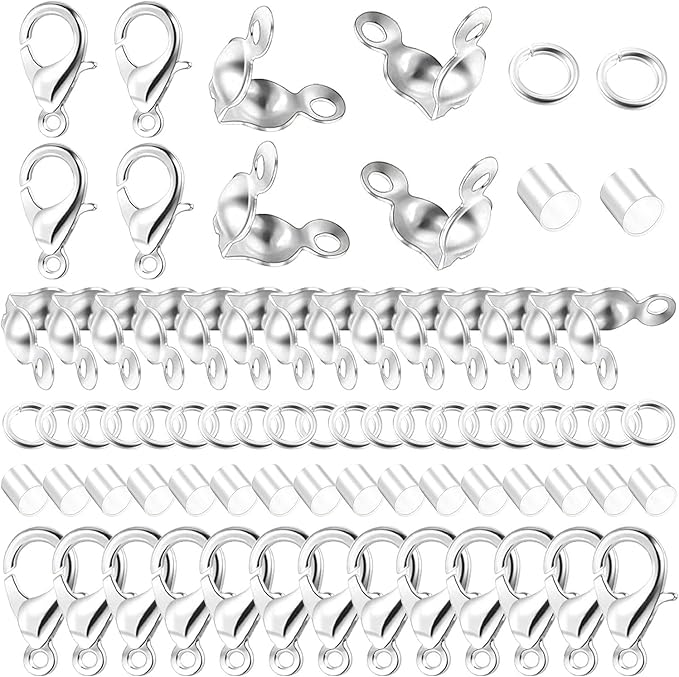 1200 Pcs Jewelry Making Accessories Set with 100 Pieces Lobster Claw Clasp 300 Pieces Bead Tips Knot Covers 400 Pieces Crimp Tube Beads and 400 Pcs Open Jump Ring Connectors for DIY Jewelry (Silver)