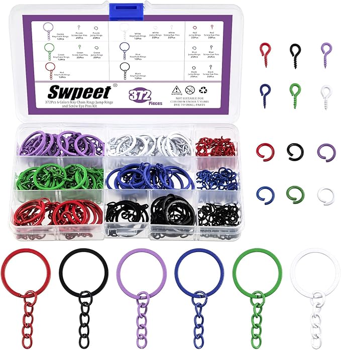 Swpeet 372Pcs 6 Colors 25mm - 1Inch Key Chain Rings Kit, Includes 72Pcs 25mm Keychain Rings with Chain, 150Pcs Open Jump Ring and 150Pcs Screw Eye Pins for DIY Crafts and Jewelry Making