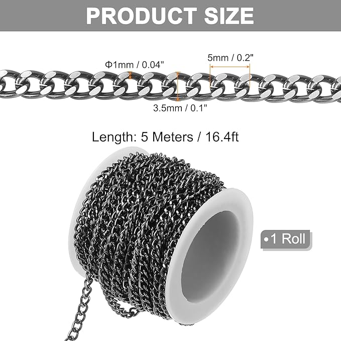 PATIKIL 16.4Ft Aluminium Curb Chains Twisted Links, 5x3.5mm Curb Chain Spool Jewelry Making Chains Craft Chain for Necklace Bracelet Earring, Black
