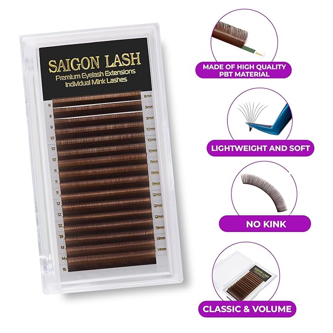 SAIGON LASH Eyelash Extensions, Mink Lash, Volume & Classic Lashes for Professionals, J/B/C/CC/D/L/M Curl, 4-15mm Length, Soft Korean PBT Fiber, 16 Rows Lash Tray (Dark brown-CC-0.07-8-15mm)