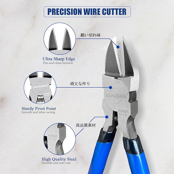 Wire Cutters, 6 inch, KAIHAOWIN Precision Flush Cutters Ultra Sharp Wire Cutters for Crafting Side Cutters Wire Snips Spring Loaded Dikes Wire Cutter for Jewelry Making, Blue with Black Handle
