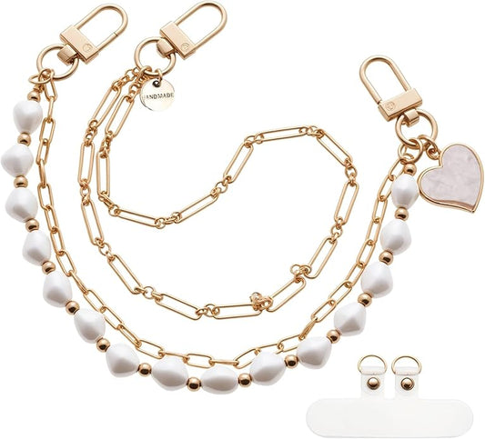 Pearl Beaded Phone Charm Wrist Strap,Cute Bracelet Wristlet Lanyard,Gold Double Chain for Phone Case,Purse Bag Wallet