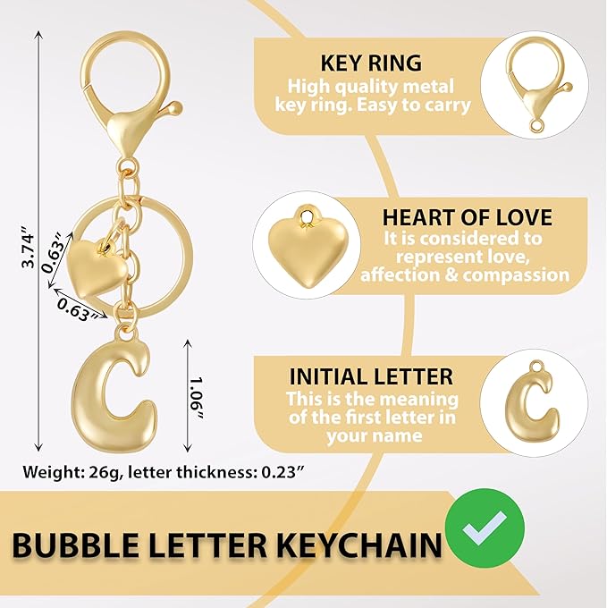 Heart Bubble Letter Keychain for Women, Girls - Cute Keychain with Initial - Alphabet Keychain for Bag Charm, Handbag