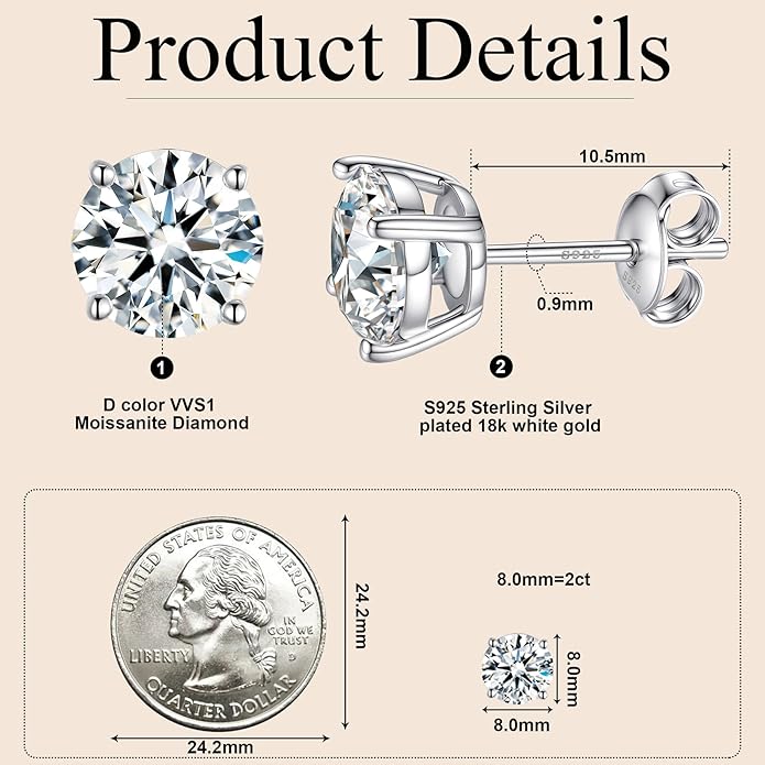 Moissanite Earrings for Women，D Color VVS1 Clarity Lab Created Gemston Men Studs S925 Sterling Silver Plated 18k White Gold Hypoallergenic Jewelry