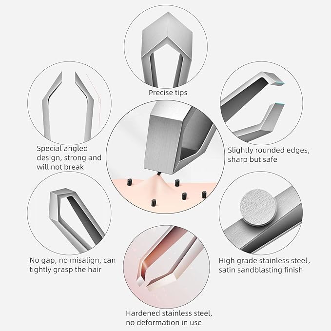 AUSOMTEK Beard & Hair Plucking Tweezers, Fine Eyebrow Tool, Stainless Steel, 10mm Tip, Anti-Slip Slot Design, Cyan PU Case