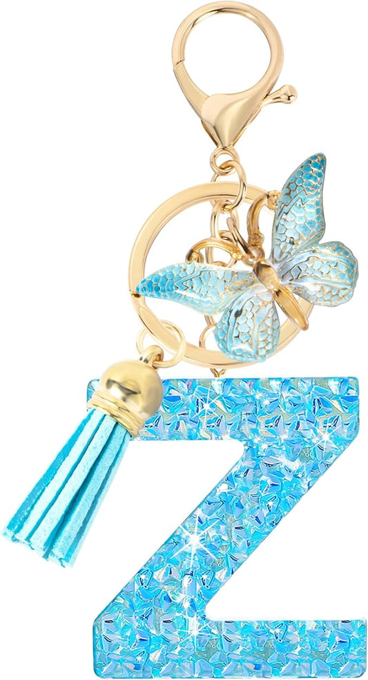 Initial letter Keychains for Women Girls Tassel Butterfly Cute Keychain for Wallet Backpack charm